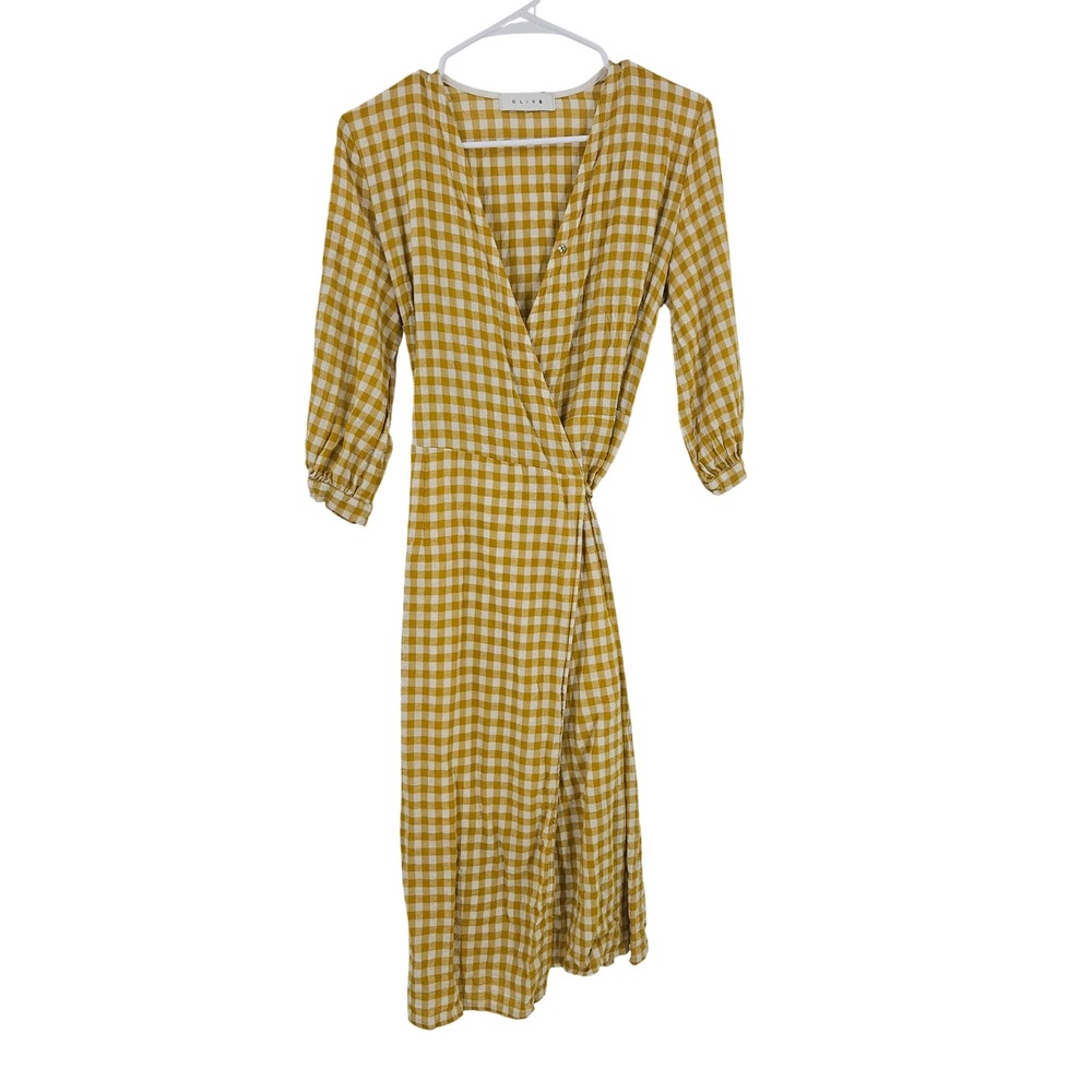 Olive Clothing Gingham Wrap Midi Dress Yellow White Checkered Preppy Picnic L